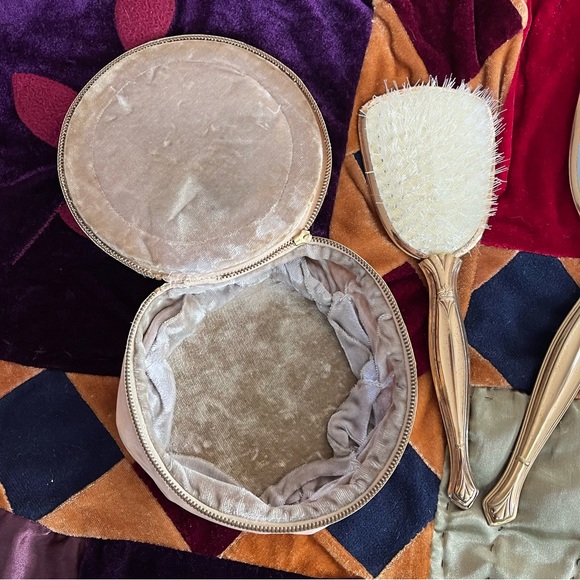 Vintage Velvet Lined Cosmetic Bag with Matching Hand Mirror and Brush Set - Picture 3 of 3